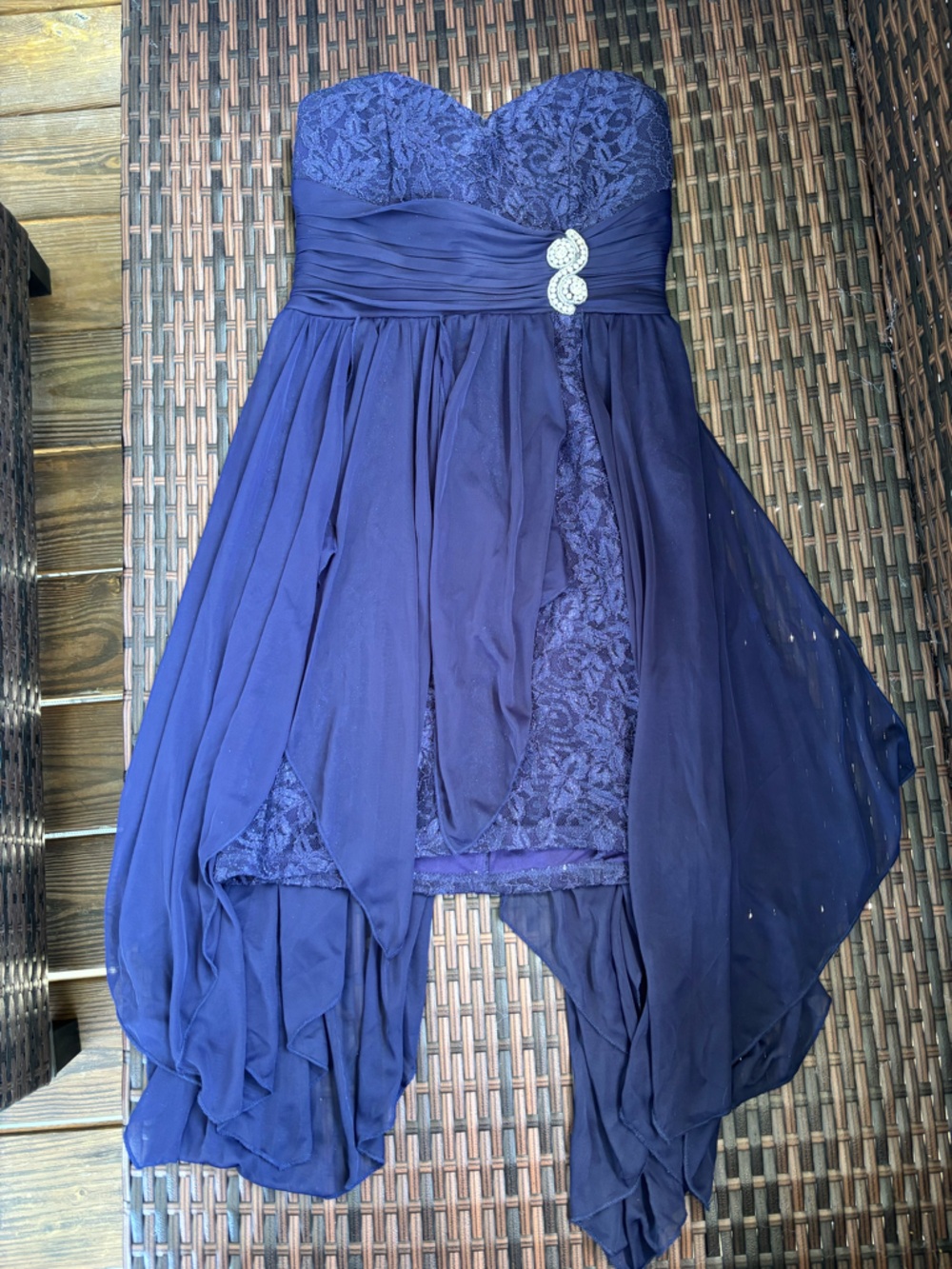 Strapless Navy Blue Lace & Chiffon Hi-Low Dress